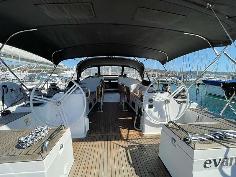 Cockpit of Evana, a Elan Impression 50.1 sailboat at Grad Šibenik, Croatia