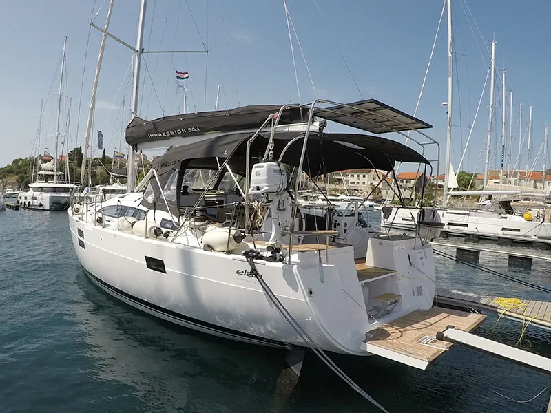 Exterior view of Evana, a Elan Impression 50.1 sailboat at Grad Šibenik, Croatia