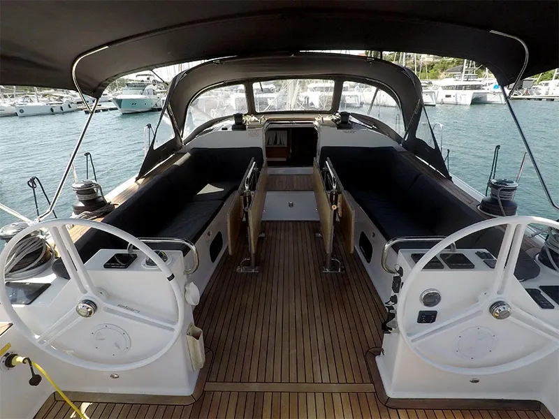 Cockpit of Evana, a Elan Impression 50.1 sailboat at Grad Šibenik, Croatia