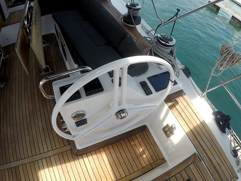 Cockpit of Evana, a Elan Impression 50.1 sailboat at Grad Šibenik, Croatia