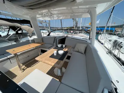 Deck of Time Off, a Hanse 460 sailboat at Rosignano Solvay, Italy