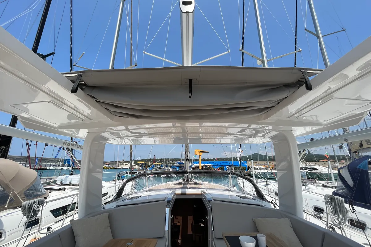 Deck of Time Off, a Hanse 460 sailboat at Rosignano Solvay, Italy