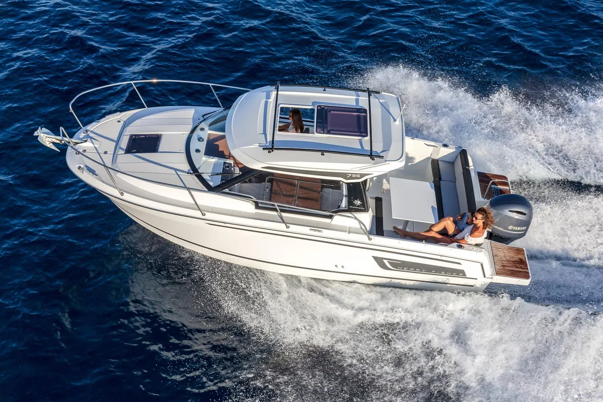 Exterior view of Merry Fisher, a Jeanneau Merry Fisher 795 motorboat at Grad Vodice, Croatia