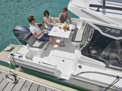 Deck of Merry Fisher, a Jeanneau Merry Fisher 795 motorboat at Grad Vodice, Croatia