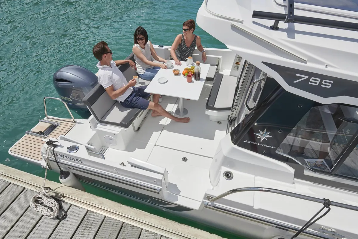 Deck of Merry Fisher, a Jeanneau Merry Fisher 795 motorboat at Grad Vodice, Croatia