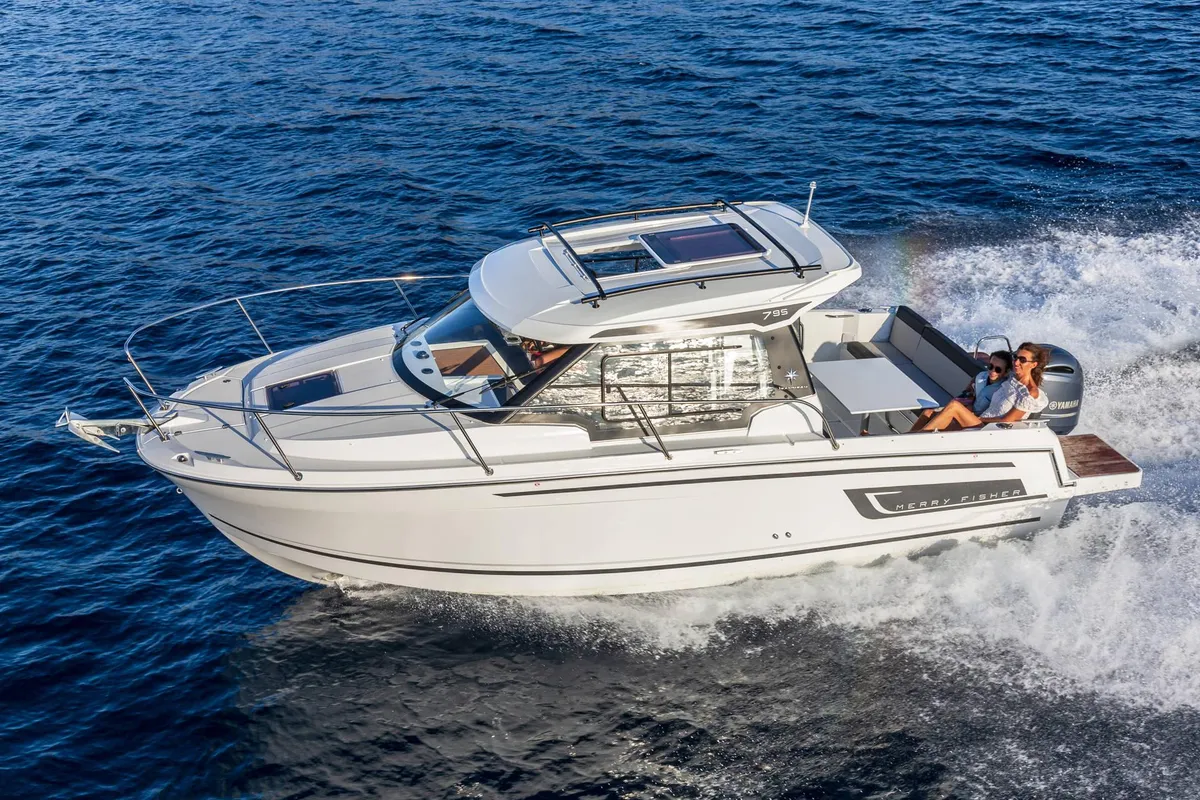 Exterior view of Merry Fisher, a Jeanneau Merry Fisher 795 motorboat at Grad Vodice, Croatia