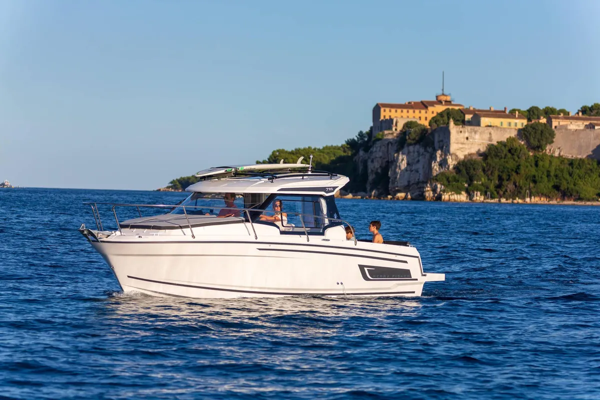 Exterior view of Merry Fisher, a Jeanneau Merry Fisher 795 motorboat at Grad Vodice, Croatia