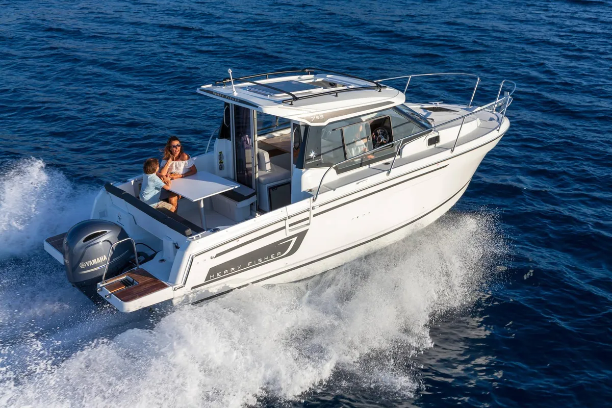 Exterior view of Merry Fisher, a Jeanneau Merry Fisher 795 motorboat at Grad Vodice, Croatia