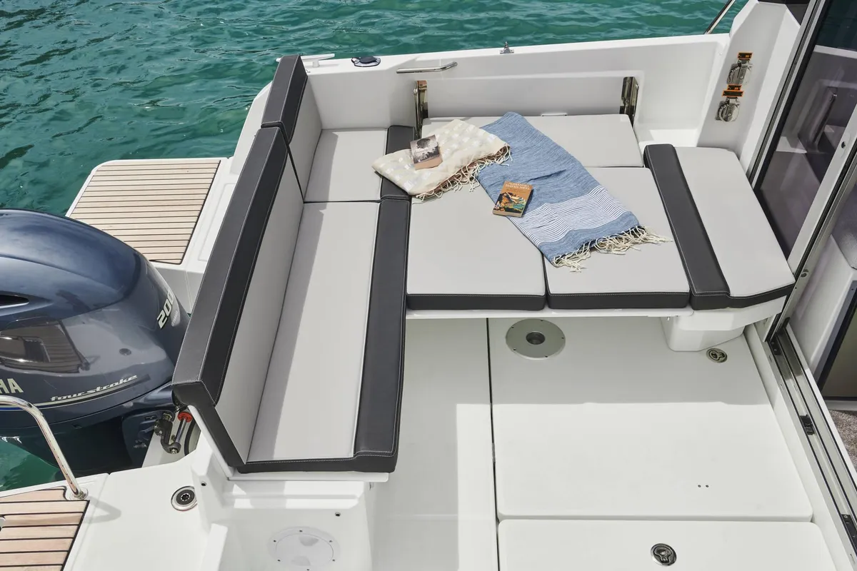 Deck of Merry Fisher, a Jeanneau Merry Fisher 795 motorboat at Grad Vodice, Croatia
