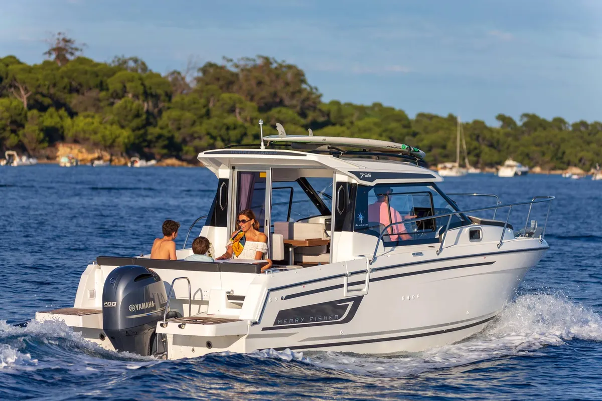 Exterior view of Merry Fisher, a Jeanneau Merry Fisher 795 motorboat at Grad Vodice, Croatia