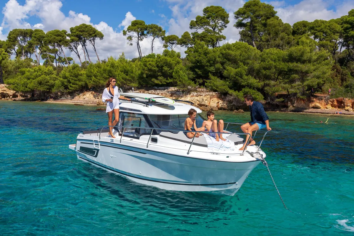 Exterior view of Merry Fisher, a Jeanneau Merry Fisher 795 motorboat at Grad Vodice, Croatia