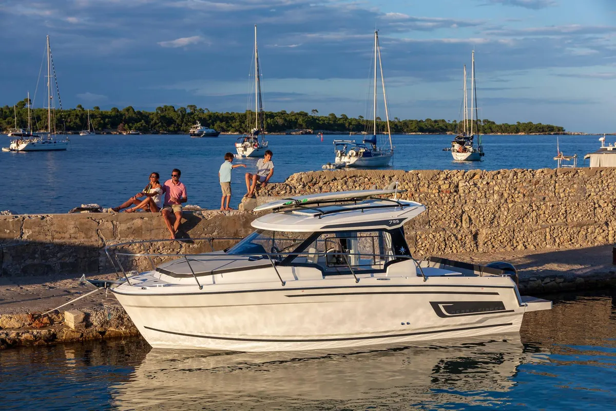 Exterior view of Merry Fisher, a Jeanneau Merry Fisher 795 motorboat at Grad Vodice, Croatia