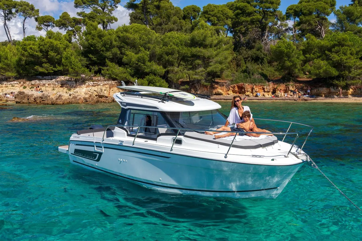 Exterior view of Merry Fisher, a Jeanneau Merry Fisher 795 motorboat at Grad Vodice, Croatia