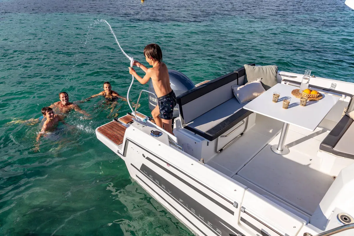 Deck of Merry Fisher, a Jeanneau Merry Fisher 795 motorboat at Grad Vodice, Croatia