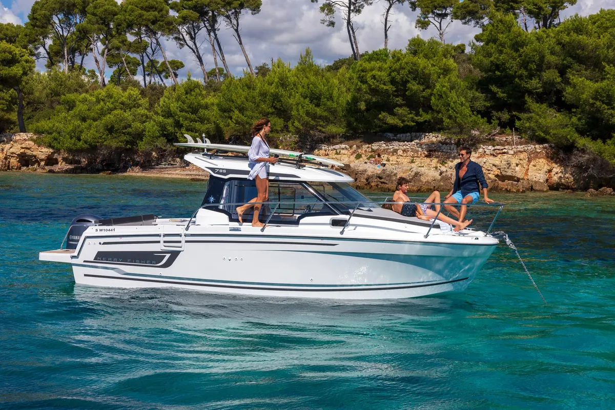 Exterior view of Merry Fisher, a Jeanneau Merry Fisher 795 motorboat at Grad Vodice, Croatia