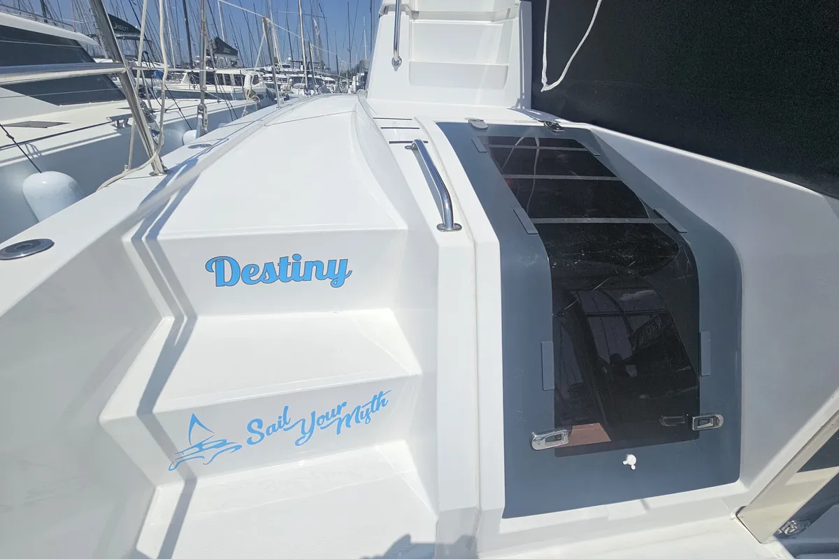 Exterior view of Destiny, a Bali 4.8 catamaran at Athens, Greece