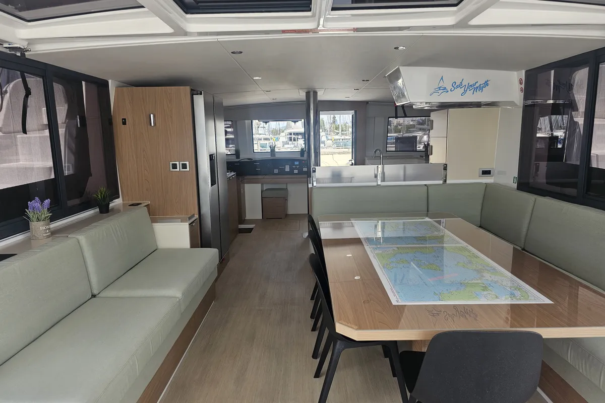 Salon of Destiny, a Bali 4.8 catamaran at Athens, Greece