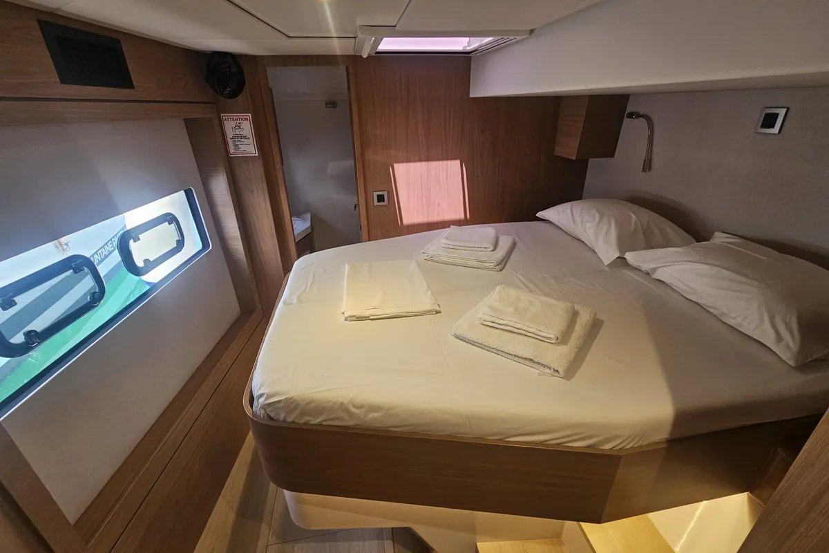 Cabin on Destiny, a Bali 4.8 catamaran at Athens, Greece