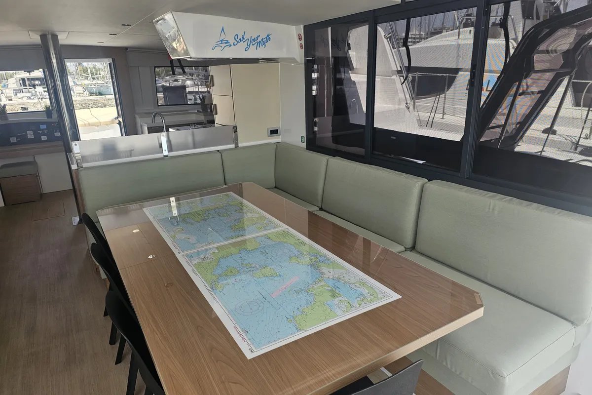 Salon of Destiny, a Bali 4.8 catamaran at Athens, Greece