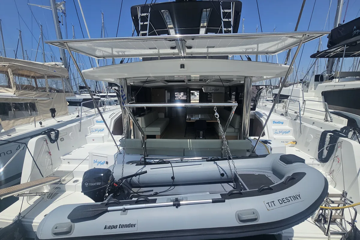 Exterior view of Destiny, a Bali 4.8 catamaran at Athens, Greece