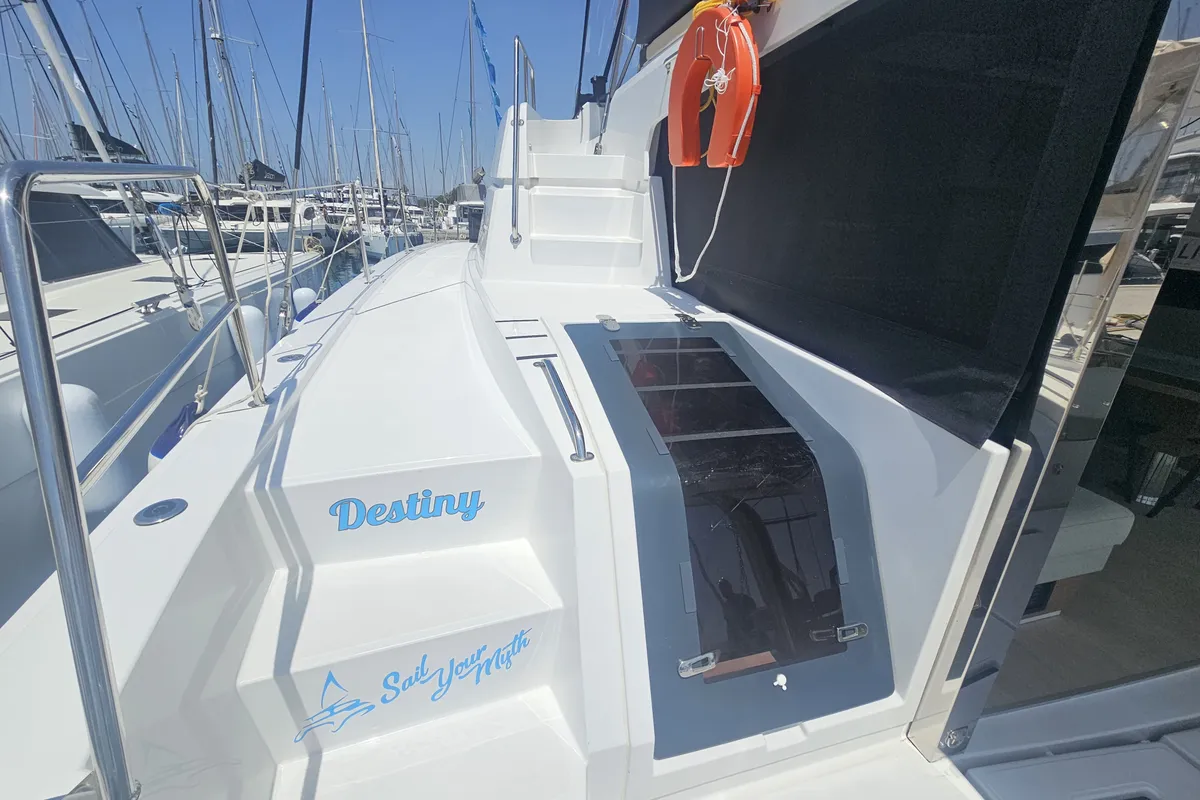 Exterior view of Destiny, a Bali 4.8 catamaran at Athens, Greece