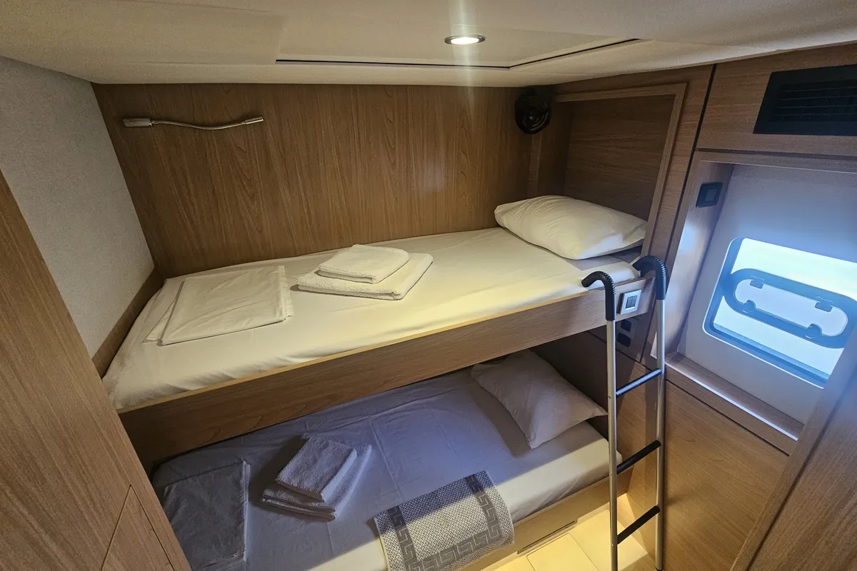 Cabin on Destiny, a Bali 4.8 catamaran at Athens, Greece
