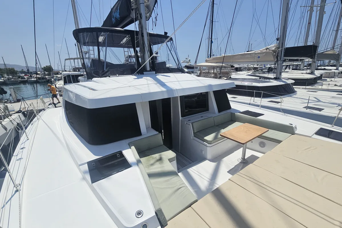 Deck of Destiny, a Bali 4.8 catamaran at Athens, Greece