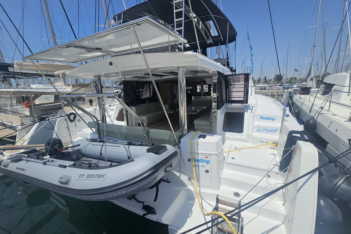 Exterior view of Destiny, a Bali 4.8 catamaran at Athens, Greece