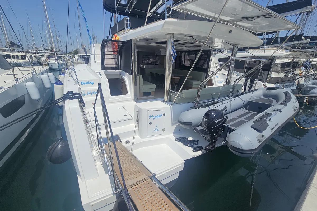 Exterior view of Destiny, a Bali 4.8 catamaran at Athens, Greece