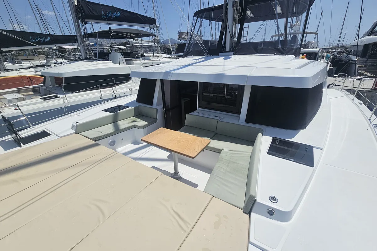 Deck of Destiny, a Bali 4.8 catamaran at Athens, Greece