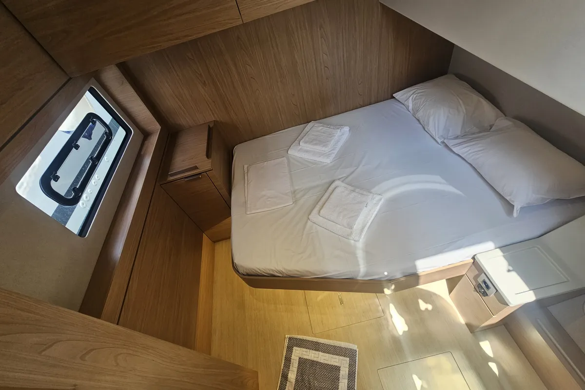 Cabin on Destiny, a Bali 4.8 catamaran at Athens, Greece