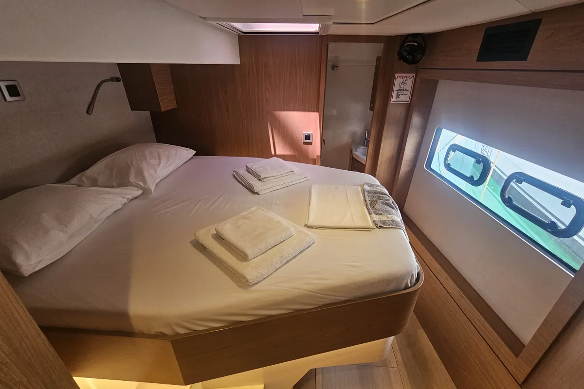 Cabin on Destiny, a Bali 4.8 catamaran at Athens, Greece
