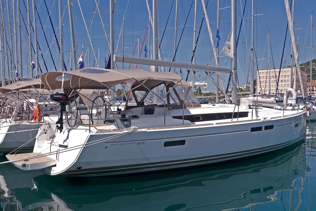 Exterior view of South Kiss, a Jeanneau Sun Odyssey 469 sailboat at Split, Croatia