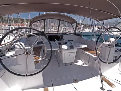 Cockpit of South Kiss, a Jeanneau Sun Odyssey 469 sailboat at Split, Croatia