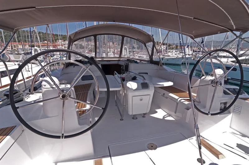 Cockpit of South Kiss, a Jeanneau Sun Odyssey 469 sailboat at Split, Croatia