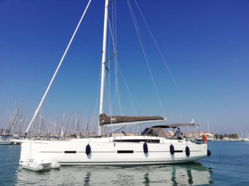 Exterior view of Elizabeth, a Dufour 460 Grand Large sailboat at Palairos, Greece