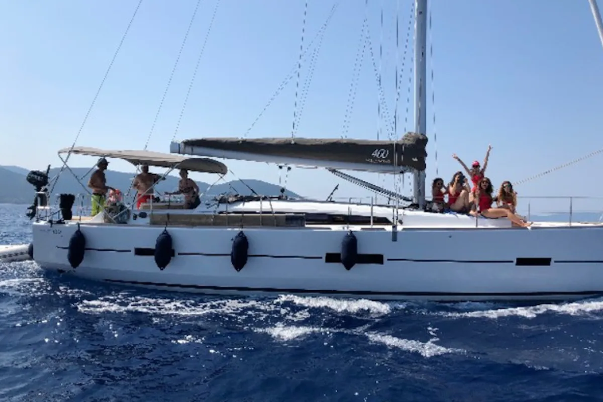 Exterior view of Elizabeth, a Dufour 460 Grand Large sailboat at Palairos, Greece