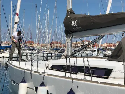 Deck of Elizabeth, a Dufour 460 Grand Large sailboat at Palairos, Greece