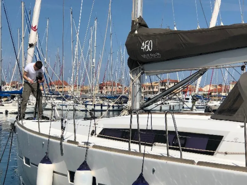 Deck of Elizabeth, a Dufour 460 Grand Large sailboat at Palairos, Greece