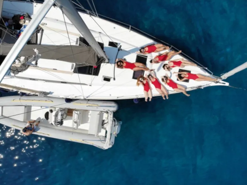 Exterior view of Elizabeth, a Dufour 460 Grand Large sailboat at Palairos, Greece