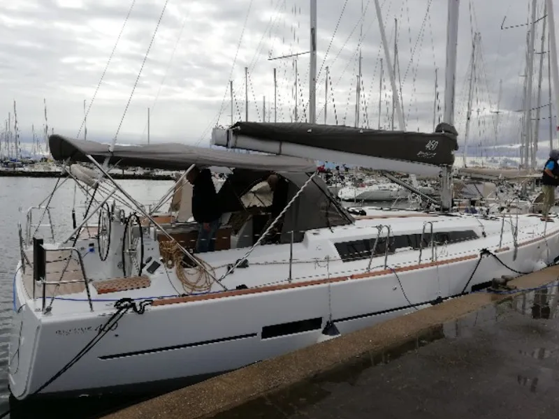Exterior view of Elizabeth, a Dufour 460 Grand Large sailboat at Palairos, Greece