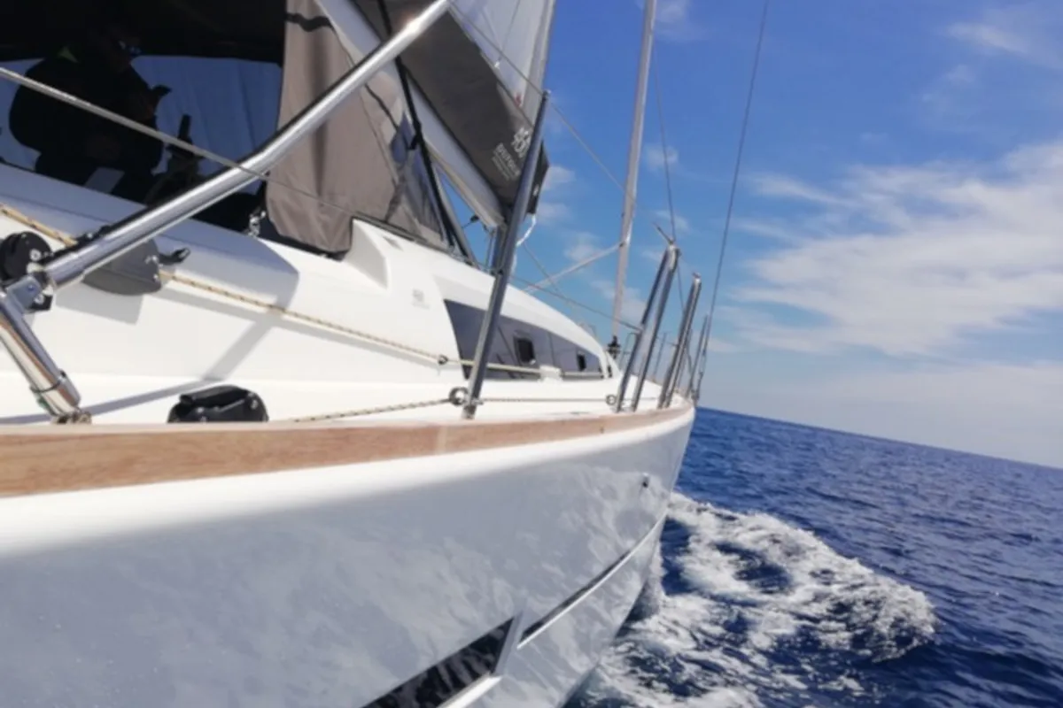 Exterior view of Elizabeth, a Dufour 460 Grand Large sailboat at Palairos, Greece