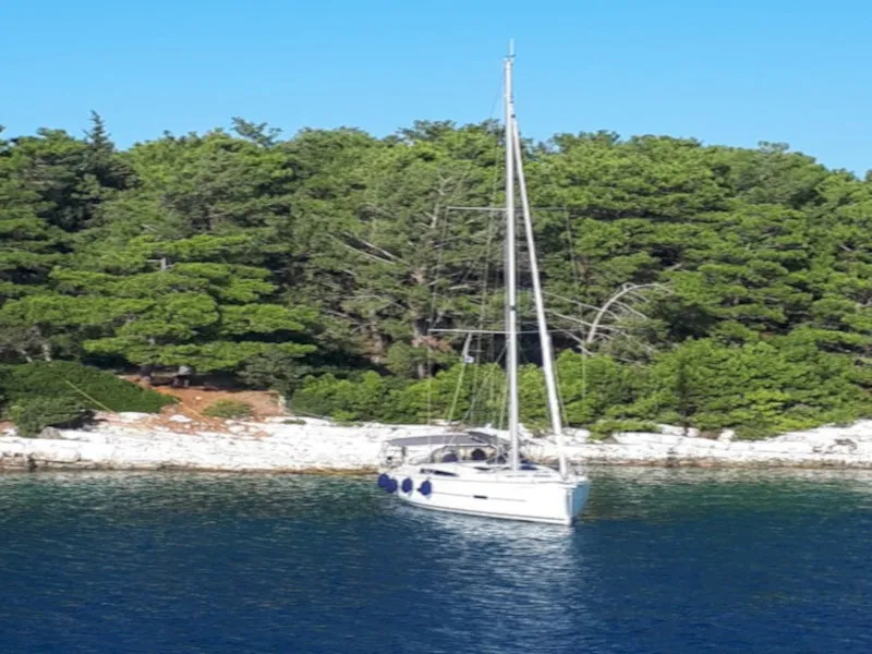 Exterior view of Elizabeth, a Dufour 460 Grand Large sailboat at Palairos, Greece