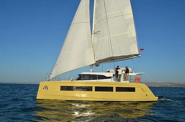 Exterior view of Cajha, a Aventura 45 catamaran at Seget Donji, Croatia