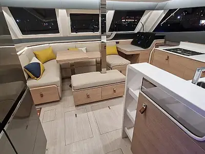 Salon of Cajha, a Aventura 45 catamaran at Seget Donji, Croatia