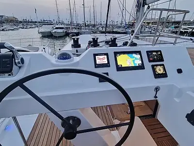 Cockpit of Cajha, a Aventura 45 catamaran at Seget Donji, Croatia