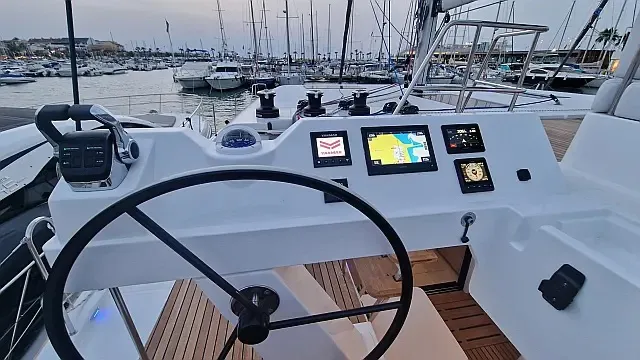 Cockpit of Cajha, a Aventura 45 catamaran at Seget Donji, Croatia
