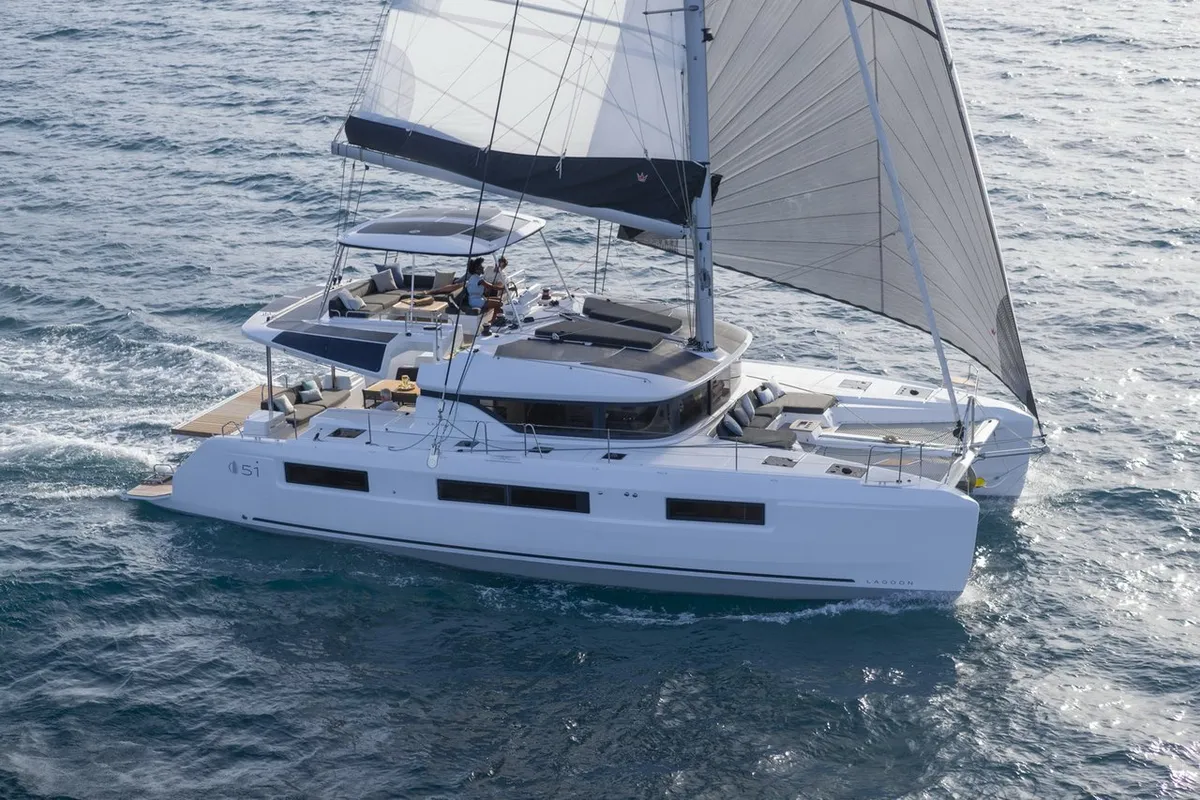 Exterior view of Mythos, a Lagoon 51 catamaran at Lavreotiki, Greece