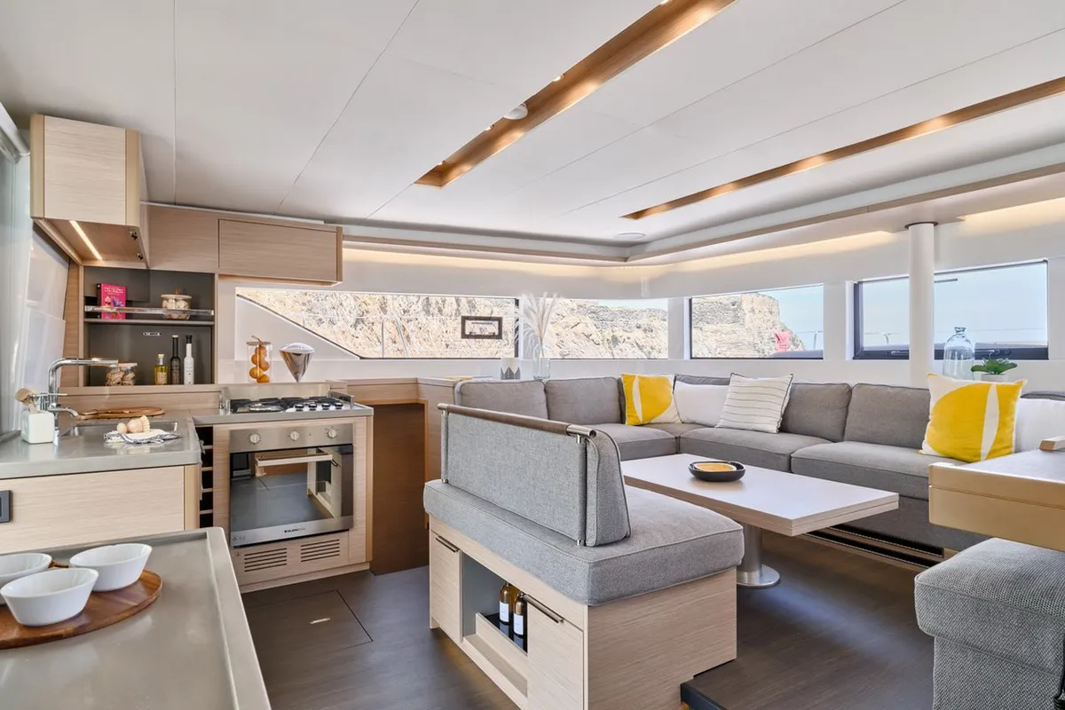 Salon of Mythos, a Lagoon 51 catamaran at Lavreotiki, Greece