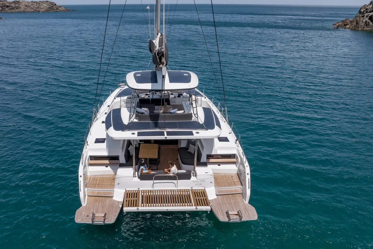 Exterior view of Mythos, a Lagoon 51 catamaran at Lavreotiki, Greece